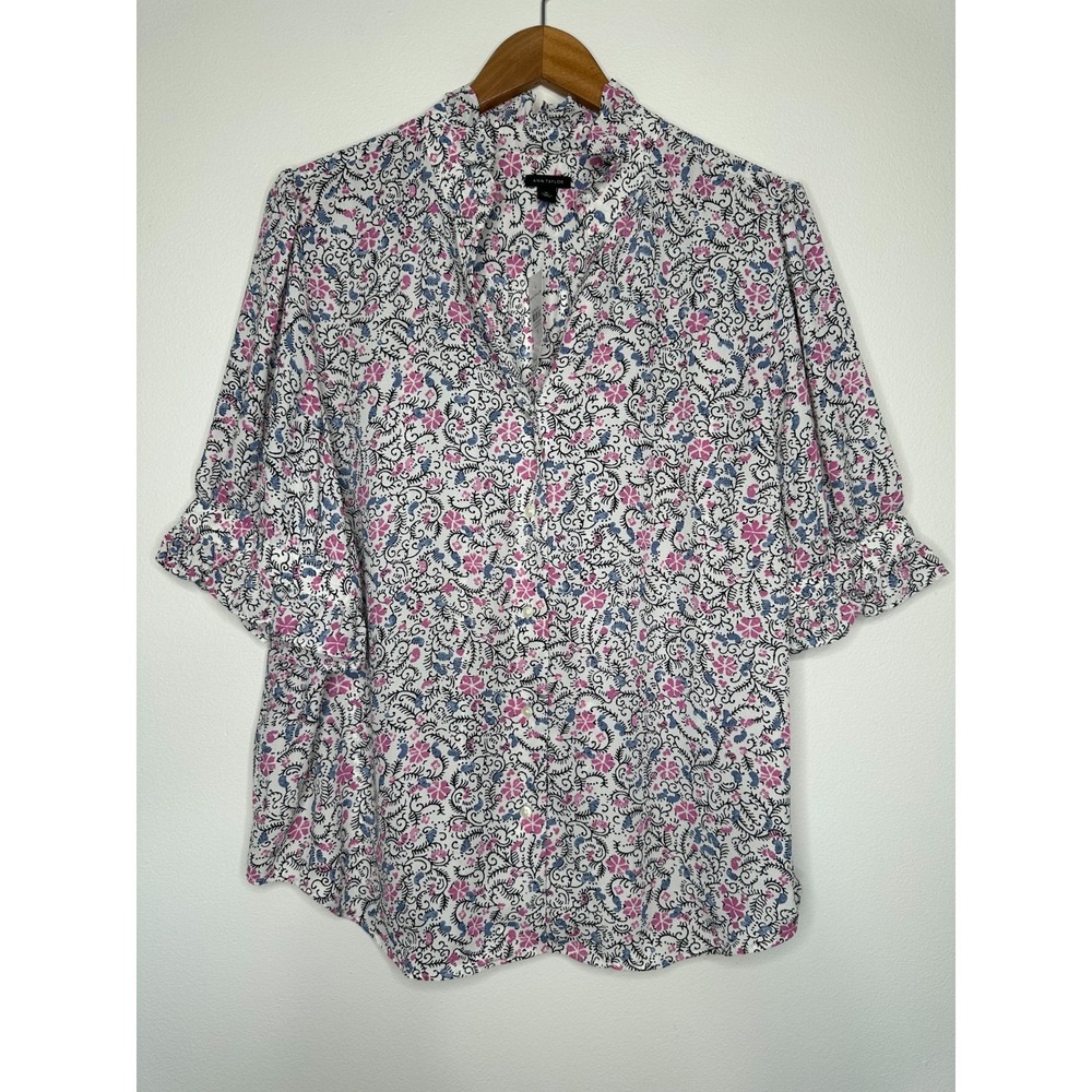 New Ann Taylor Ruffle Sleeve Blouse Top Sz XL White Pink Floral Button up